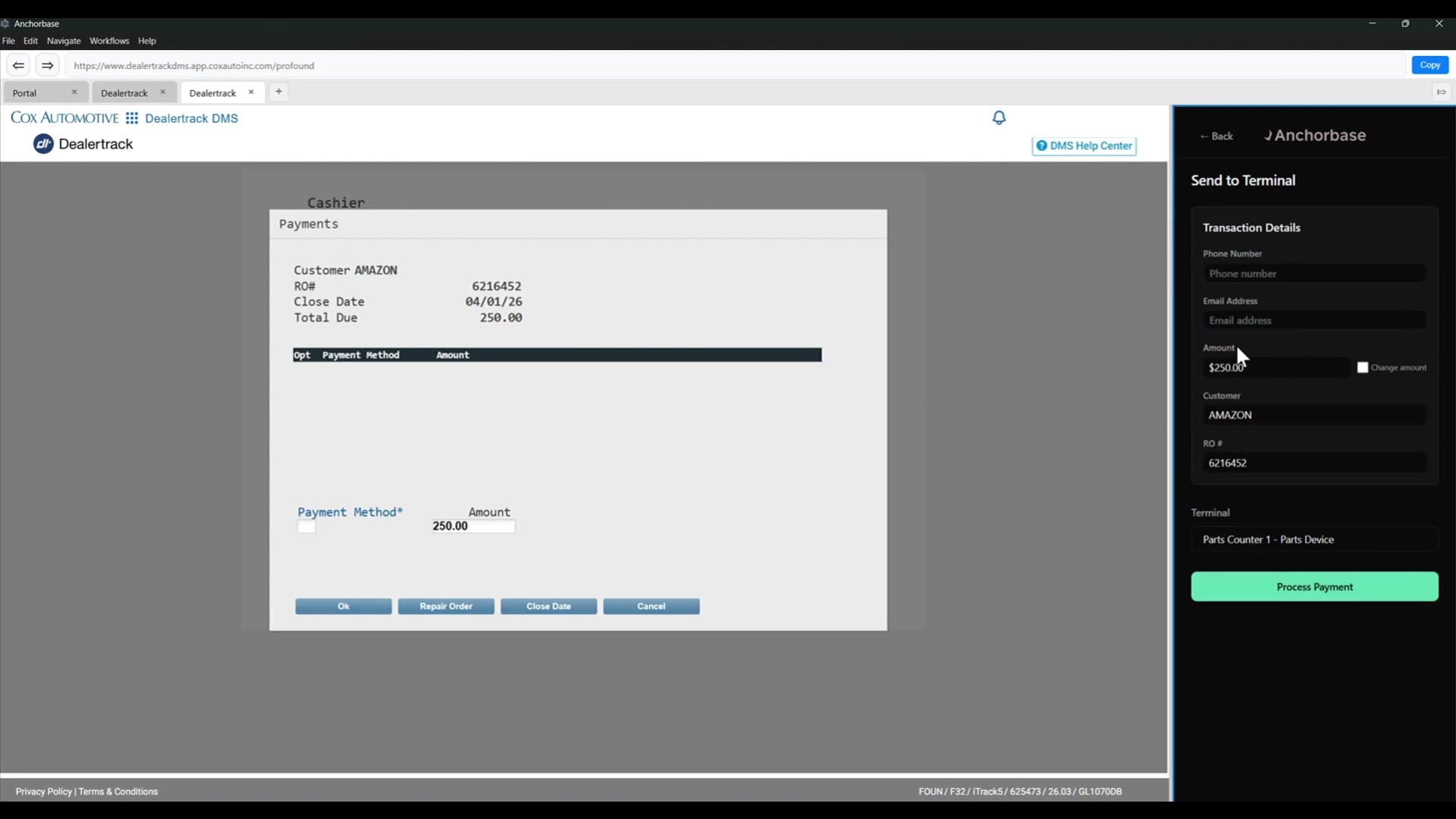 The employee can send the DealerTrack payment to a specific terminal while preserving the transaction details.