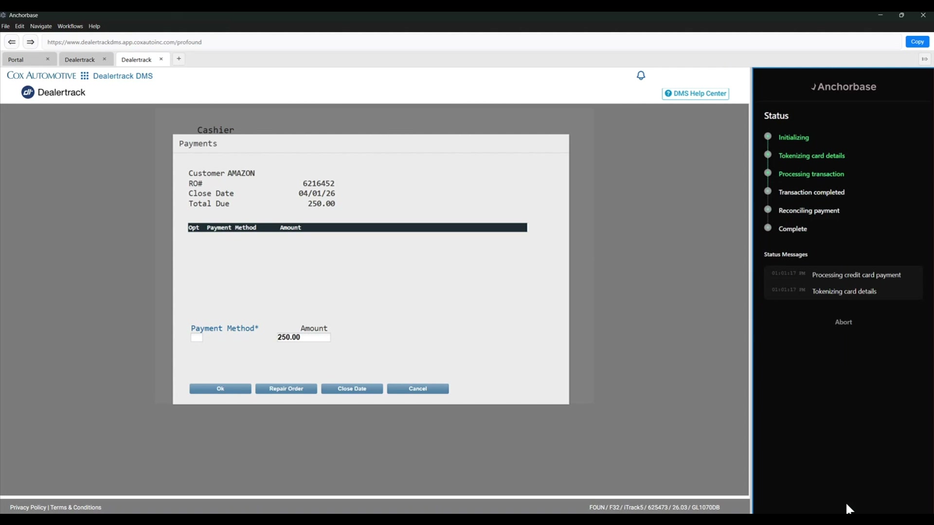 After authorization, Anchorbase shows the payment status and transaction context beside DealerTrack.