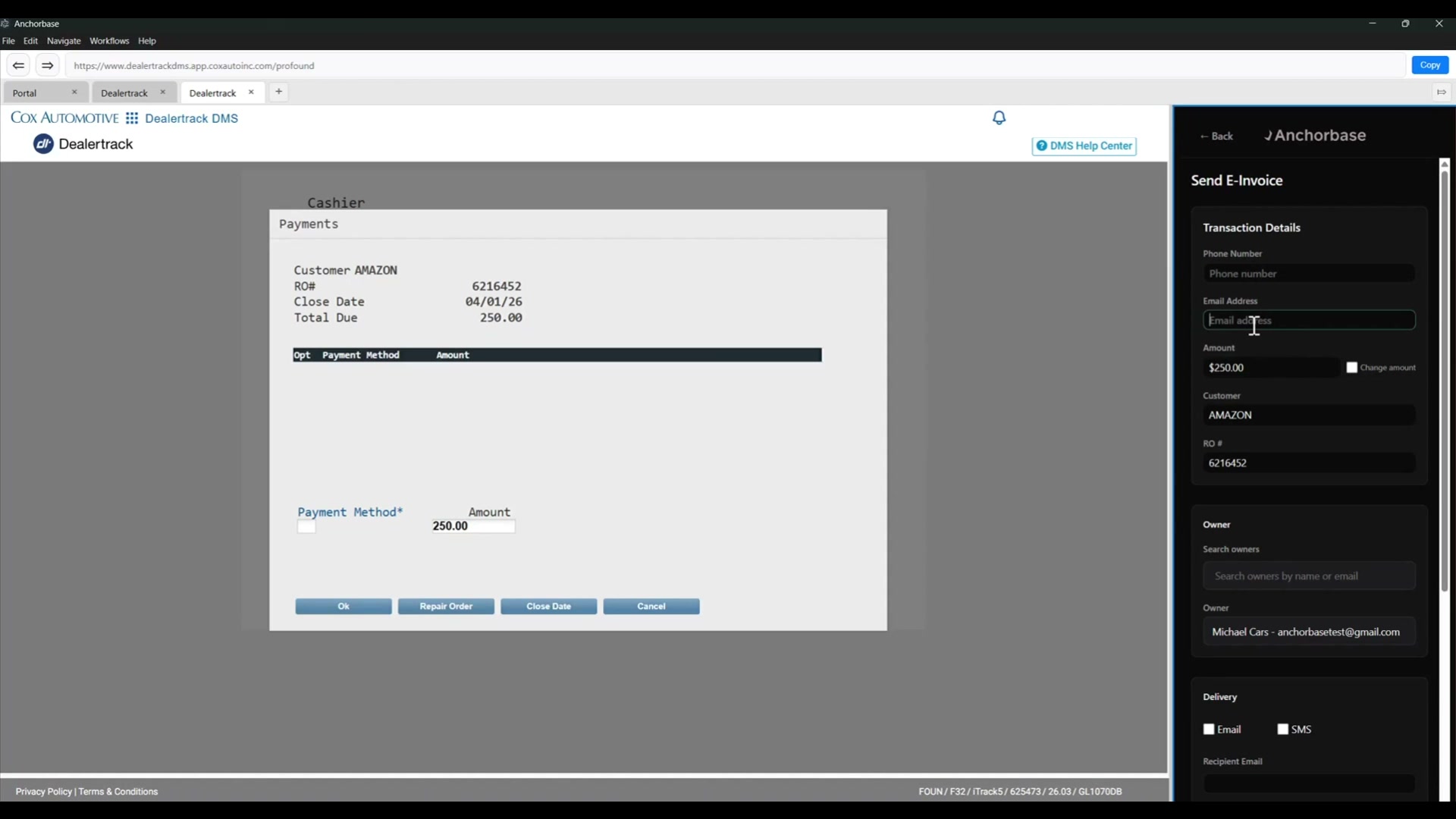 The e-invoice workflow lets the dealership send a payment request while preserving the DealerTrack transaction context.