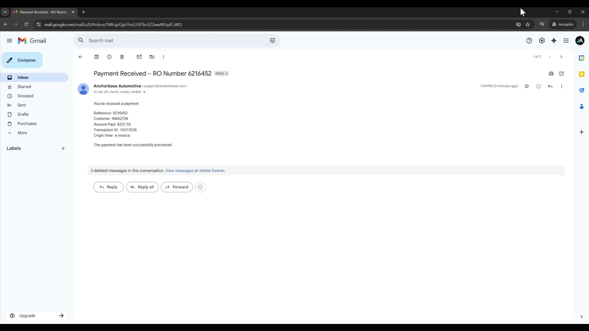 The customer payment page confirms a successful payment against the DealerTrack RO.